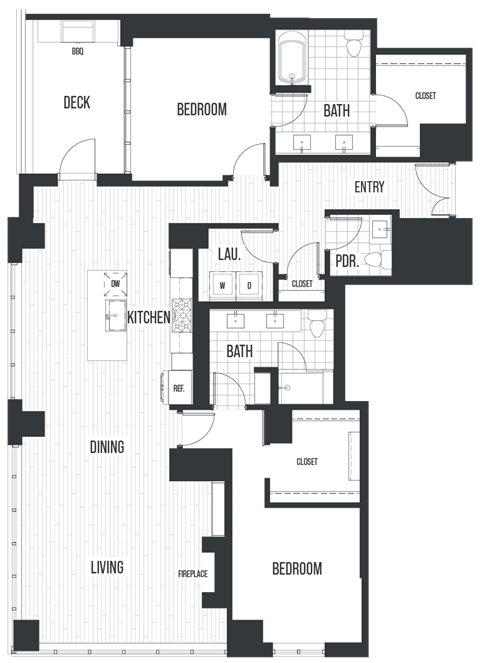 Floor plan for 2 beds, 2.5 baths, 1753 sqft